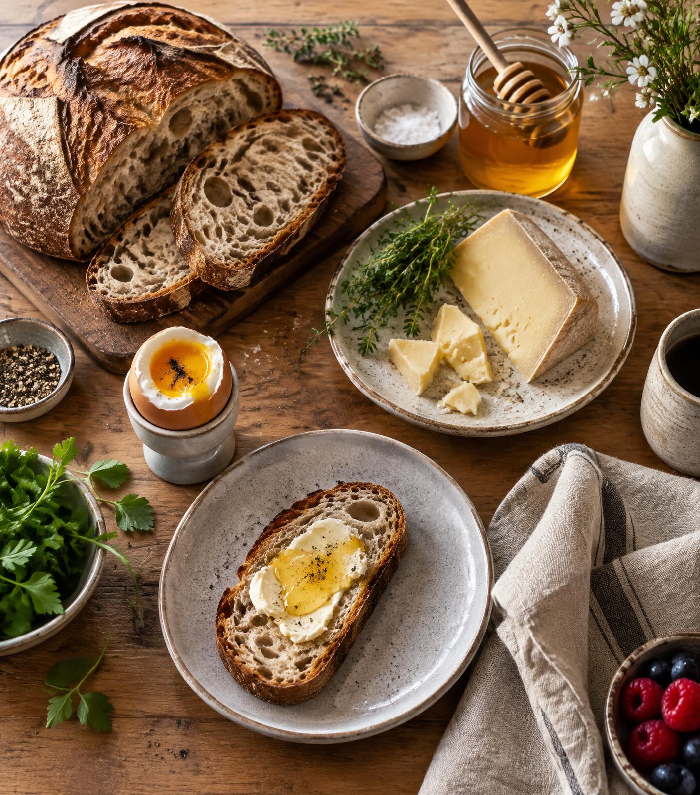 Bio-Frühstückstisch mit Sauerteigbrot, Käse, Honig und frischen Kräutern