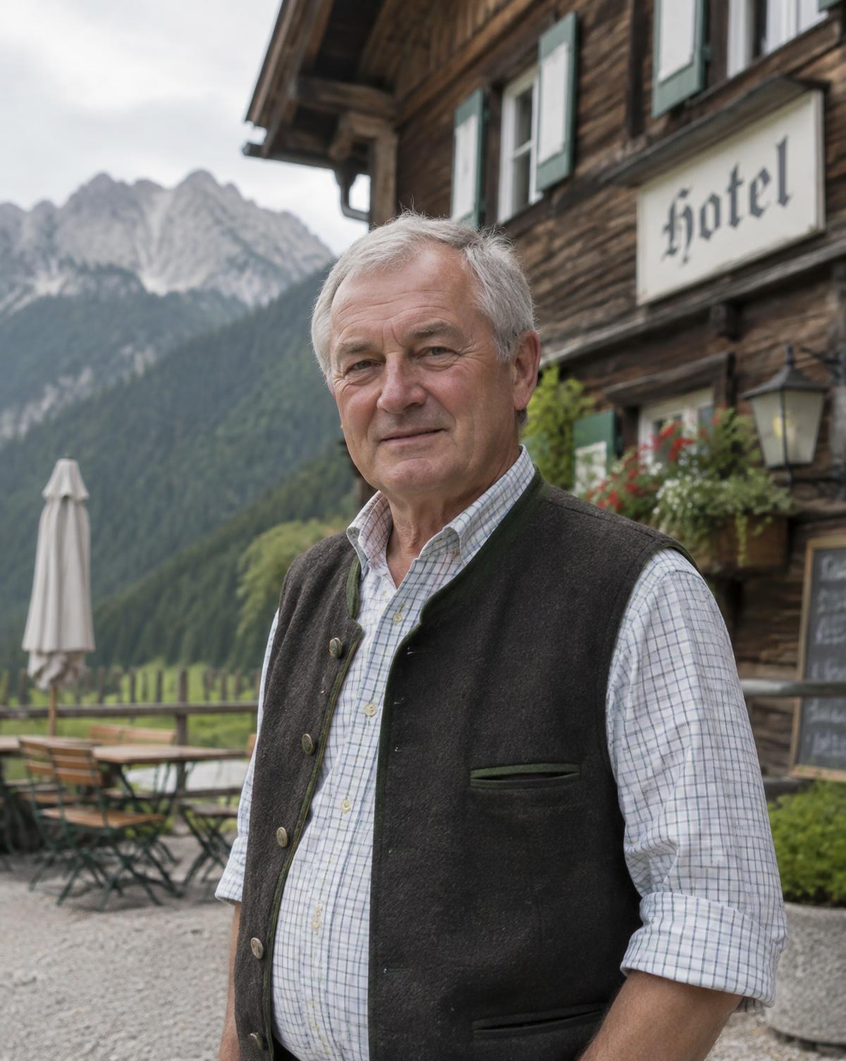 Gastgeber vor der Holzfassade des Hauses in den Bergen