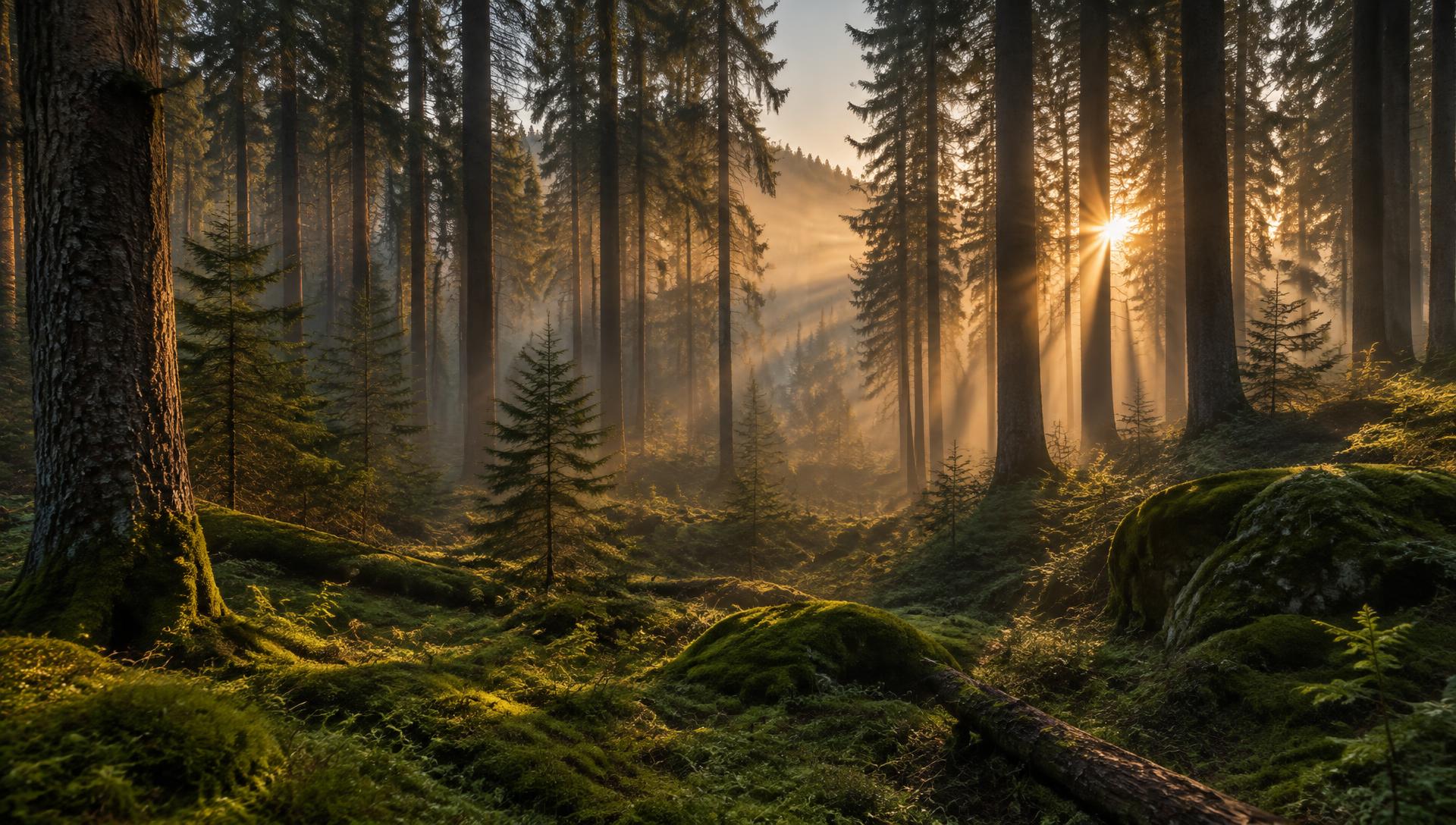 Sonnenaufgang im nebligen Fichtenwald