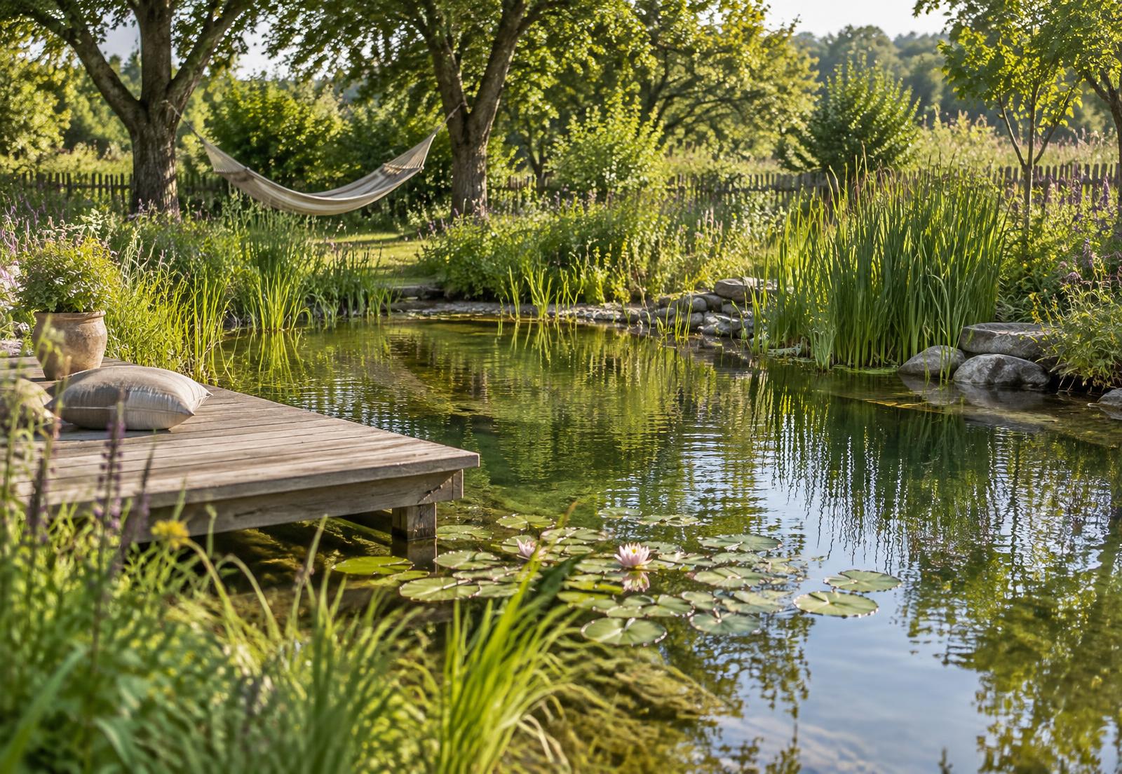 Naturteich mit Seerosen, Holzsteg und Hängematte im Naturgarten