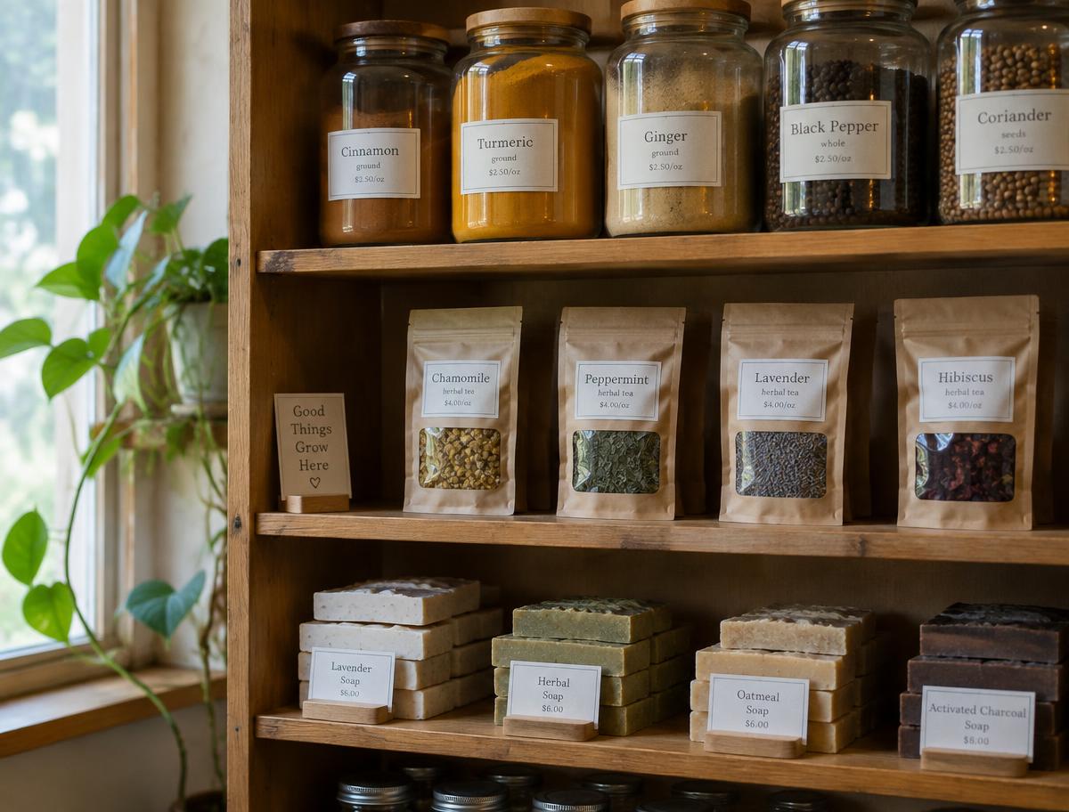 Regal mit Gewürzgläsern, Kräutertees und Naturseifen im Naturladen