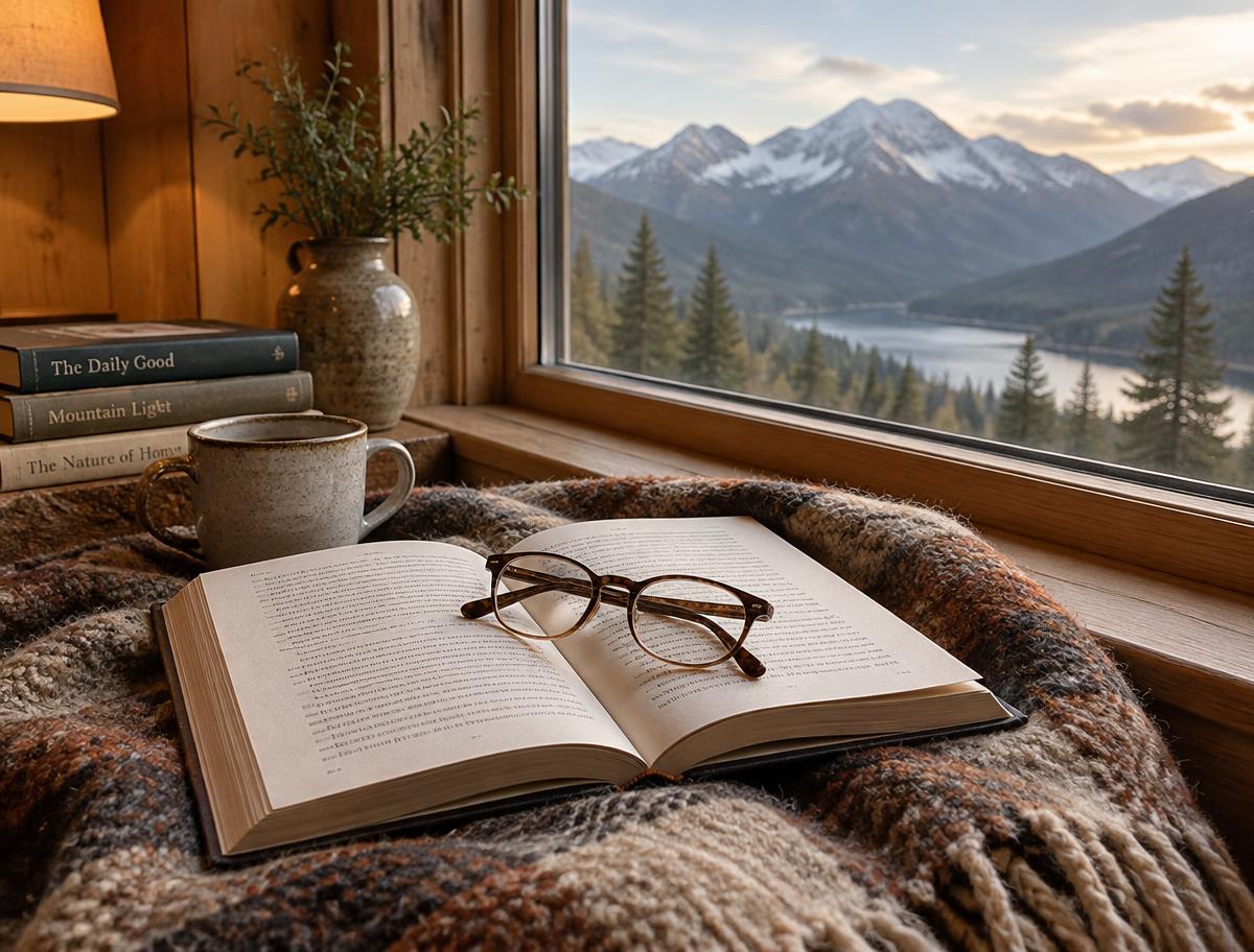 Aufgeschlagenes Buch auf einer Wolldecke am Fenster mit Bergblick