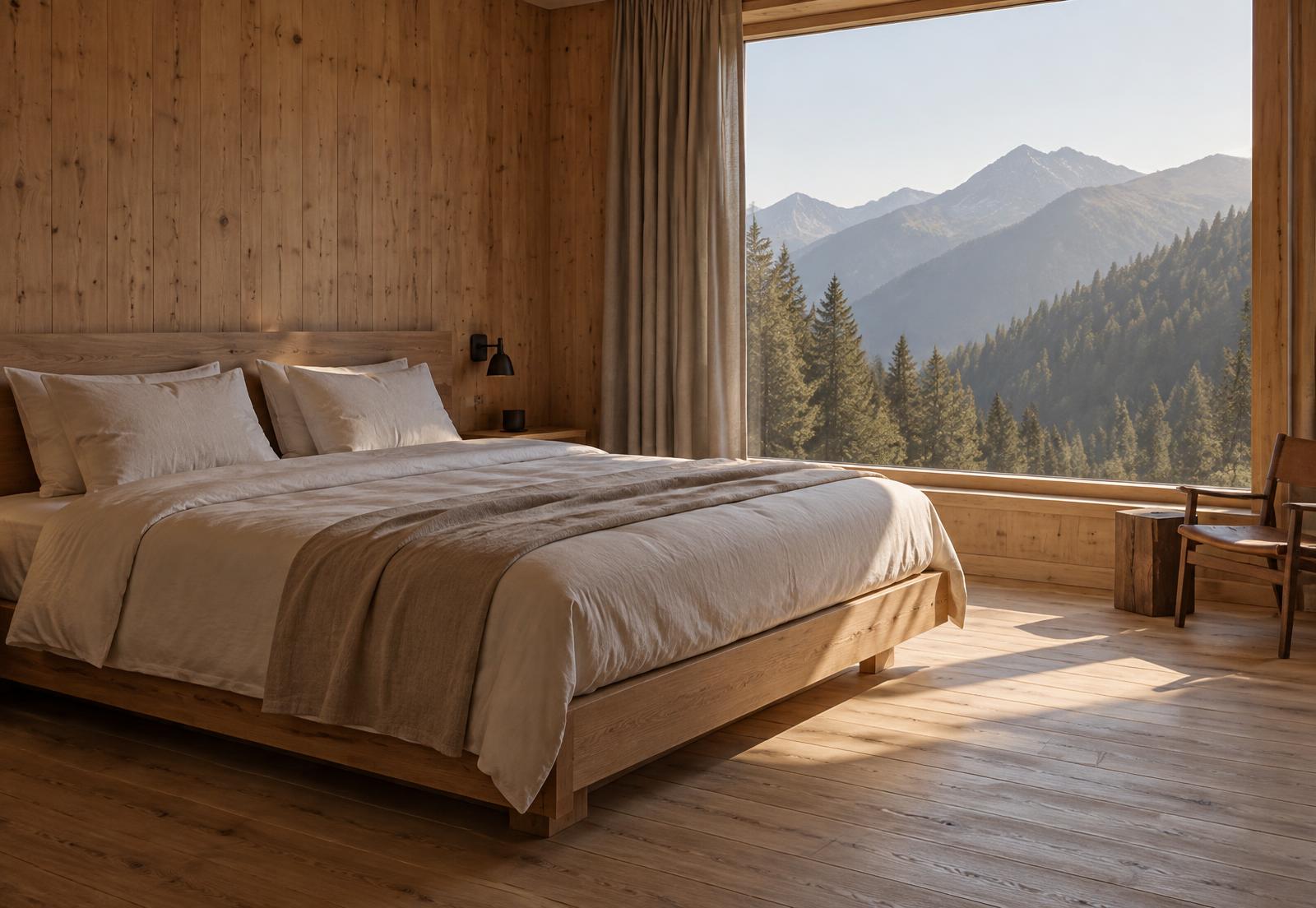 Vollholzzimmer mit Leinenbettwäsche und großem Fenster zum Bergwald