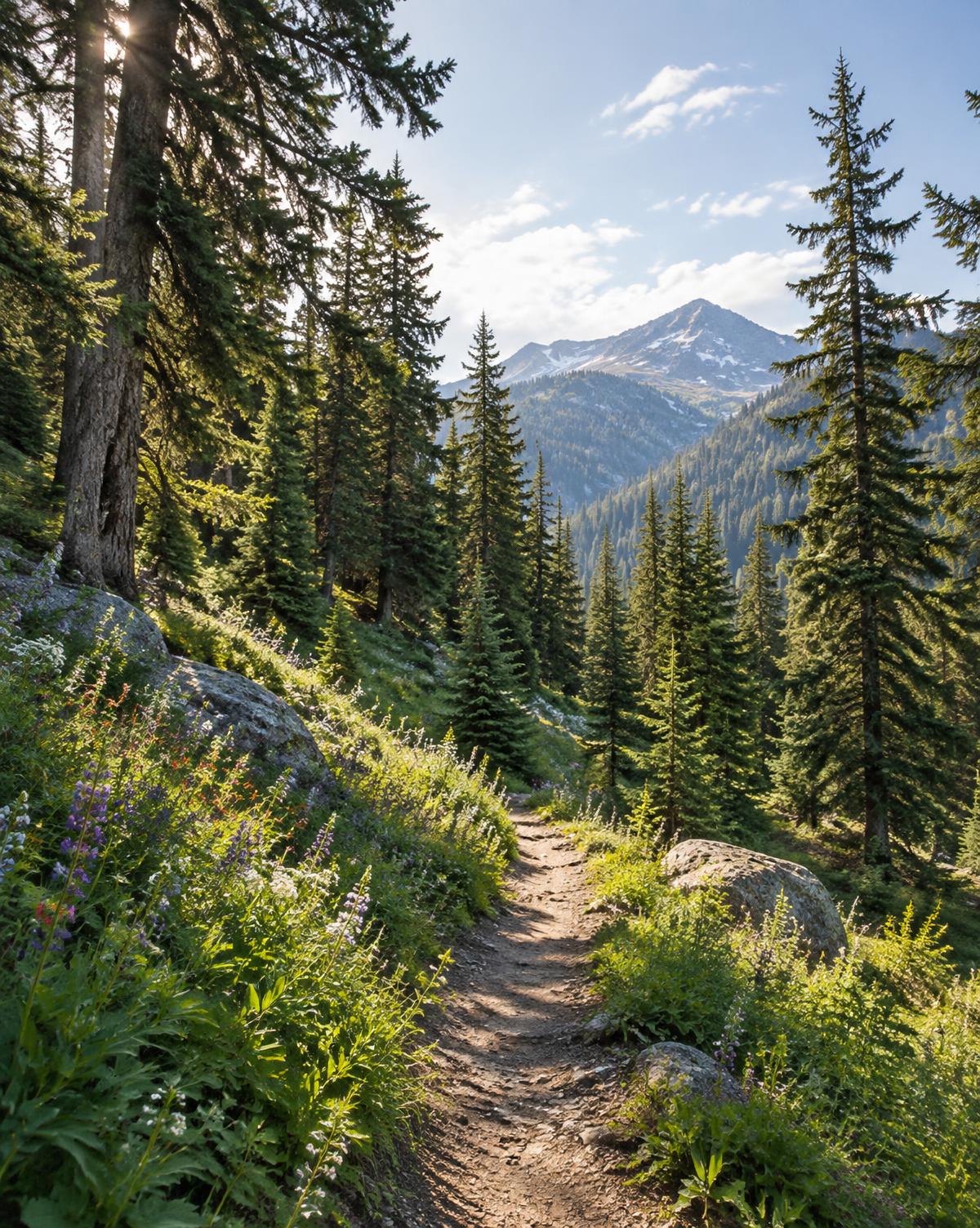 Sonniger Wanderweg durch Bergwald mit Wiesenblumen im Sommer