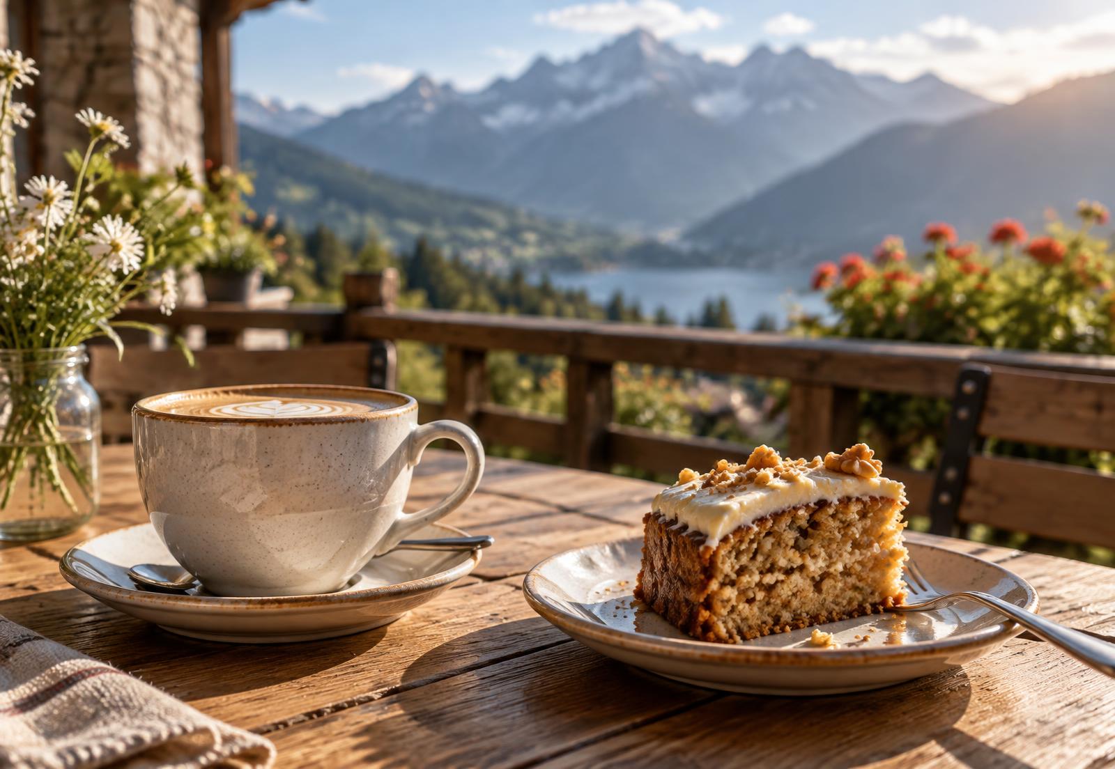 Kaffee und Kuchen auf der Panoramaterrasse mit Blick auf die Bergwelt